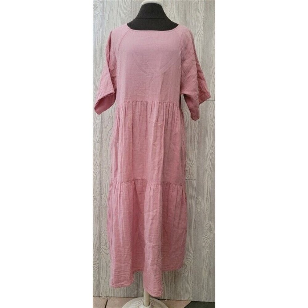 NWT Calme  S Raglan Tiered Crinkle Gauze Pink Dress 114601
